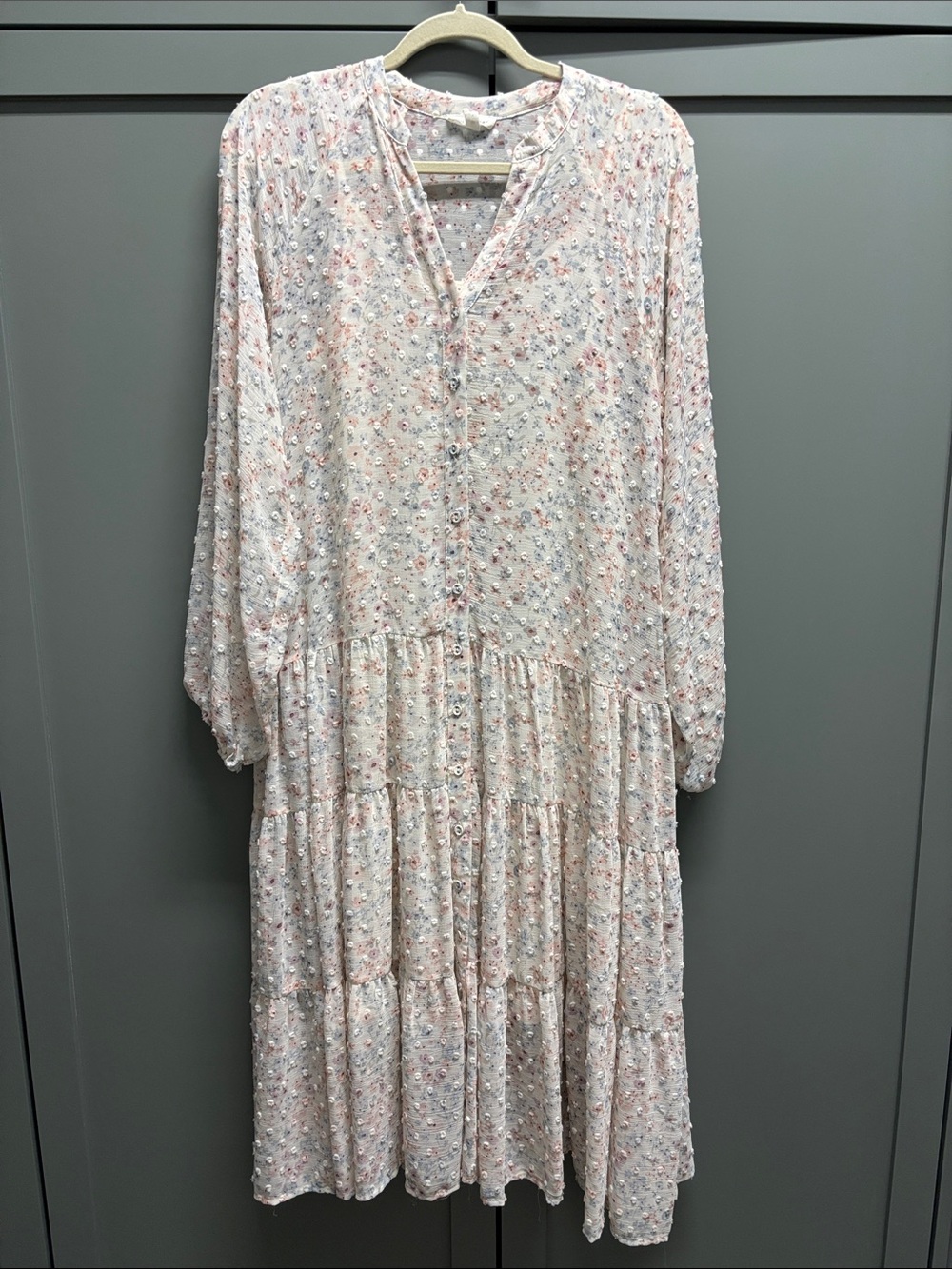 Blu Pepper Pale Pink Floral Tiered Button-Front Long Sleeve Dress